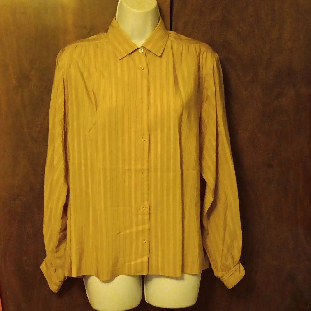 VINTAGE HERMES MUSTARD STRIPE SILK BLOUSE 44 / 12